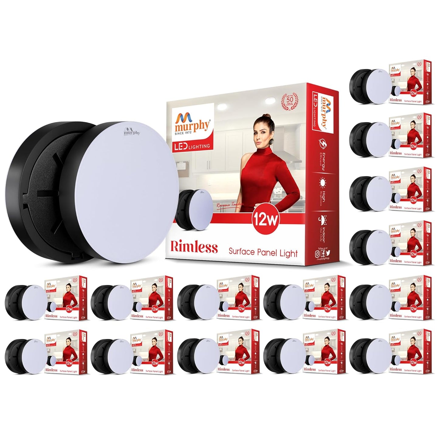 Murphy Rimless Surface LED Light 12W (Cool White, 6000K) – Black Shockproof PC Body, 100lm/W, BIS Approved, 4kV Surge Protection, 2-Year Warranty