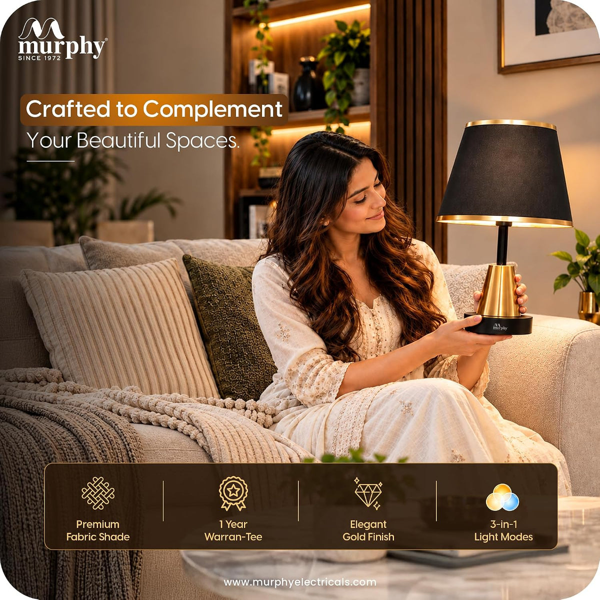 Murphy Conic Gold 3-in-1 LED Table Lamp with Premium Black Fabric Shade | Elegant Gold Finish | E27 Bulb Included | 1 Year Warranty