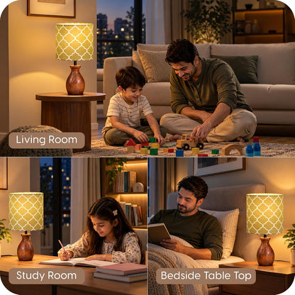 Murphy Moroccan Wooden Pot Table Lamp with 3-in-1 LED Bulb | Printed Fabric Shade | Bedroom & Living Room