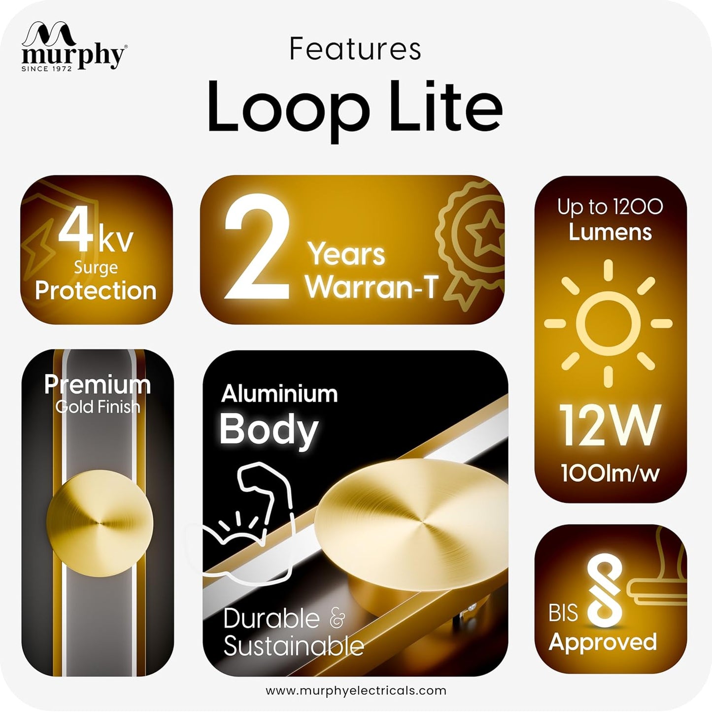 Murphy LoopLite 3-in-1 LED Wall Lamp – Golden Finish, Premium Aluminium, Matte Luxe Design, Adjustable Warm/Neutral/Cool Light, Modern Ambient Lighting