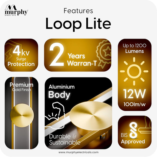 Murphy LoopLite 3-in-1 LED Wall Lamp – Golden Finish, Premium Aluminium, Matte Luxe Design, Adjustable Warm/Neutral/Cool Light, Modern Ambient Lighting