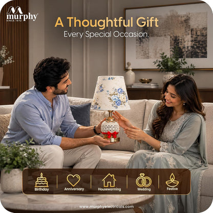 Murphy Flora 3-in-1 LED Table Lamp with Floral Fabric Shade | Decorative Ceramic Body | Elegant Gold Finish | B27 Bulb Included | 1 Year Warranty