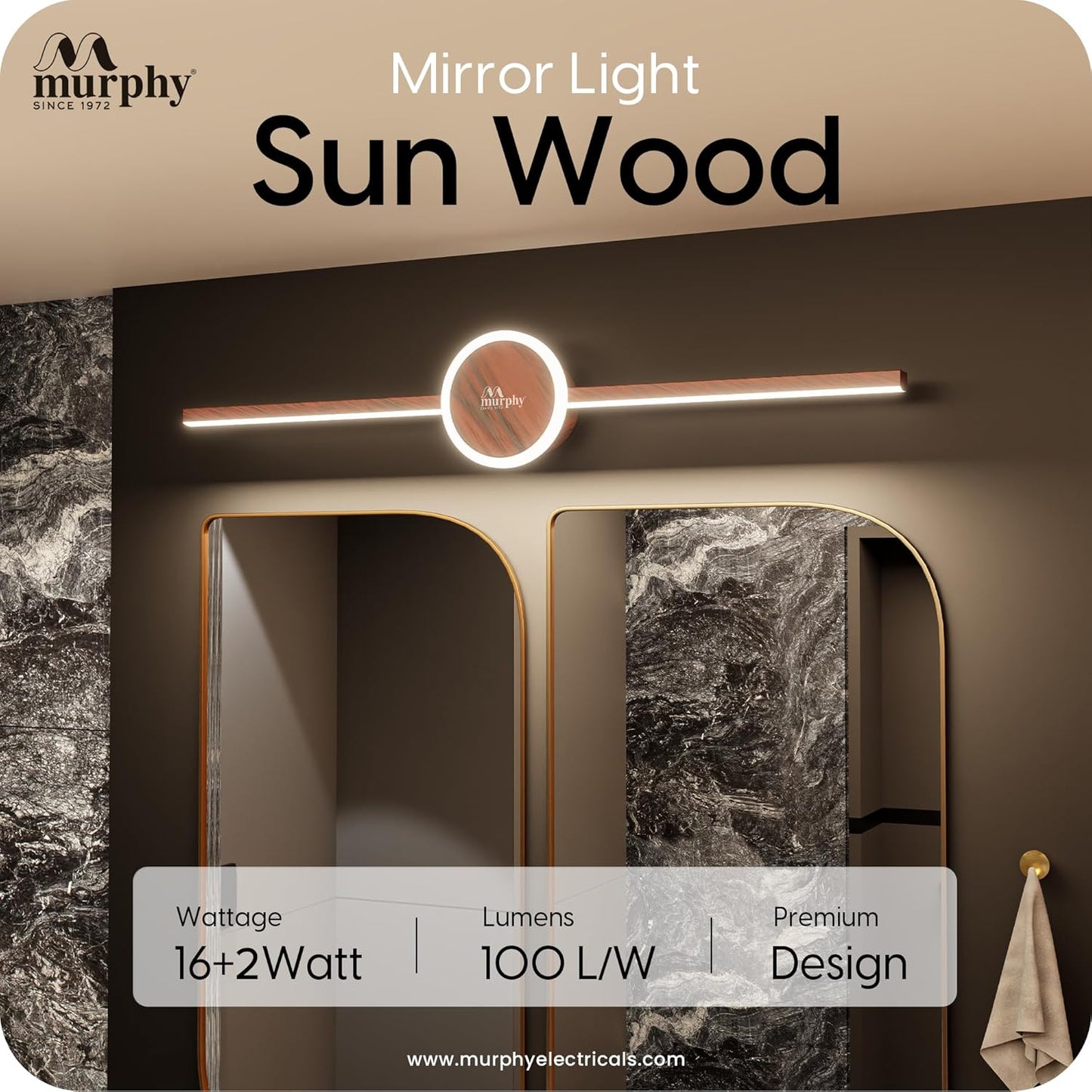 Murphy 16W+2W LED Mirror Light | 3 Color Changing (White/Warm/Natural) | Wooden Finish – Sun Design, Modern Over Mirror Bathroom/Dressing Table Light