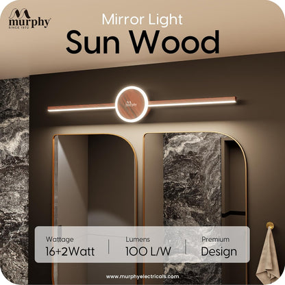 Murphy 16W+2W LED Mirror Light | 3 Color Changing (White/Warm/Natural) | Wooden Finish – Sun Design, Modern Over Mirror Bathroom/Dressing Table Light