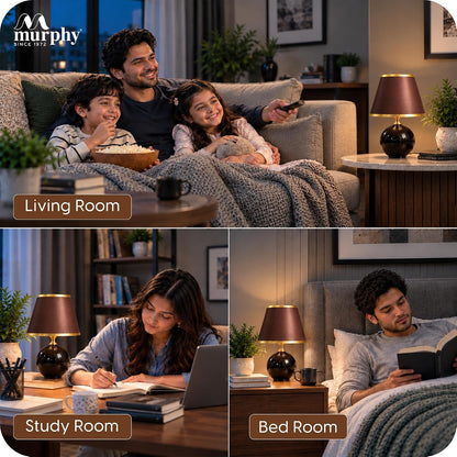 Murphy Noctra 3-in-1 LED Table Lamp with Brown Fabric Shade & Gold Accents | E27 Bulb Included | 1 Year Warranty