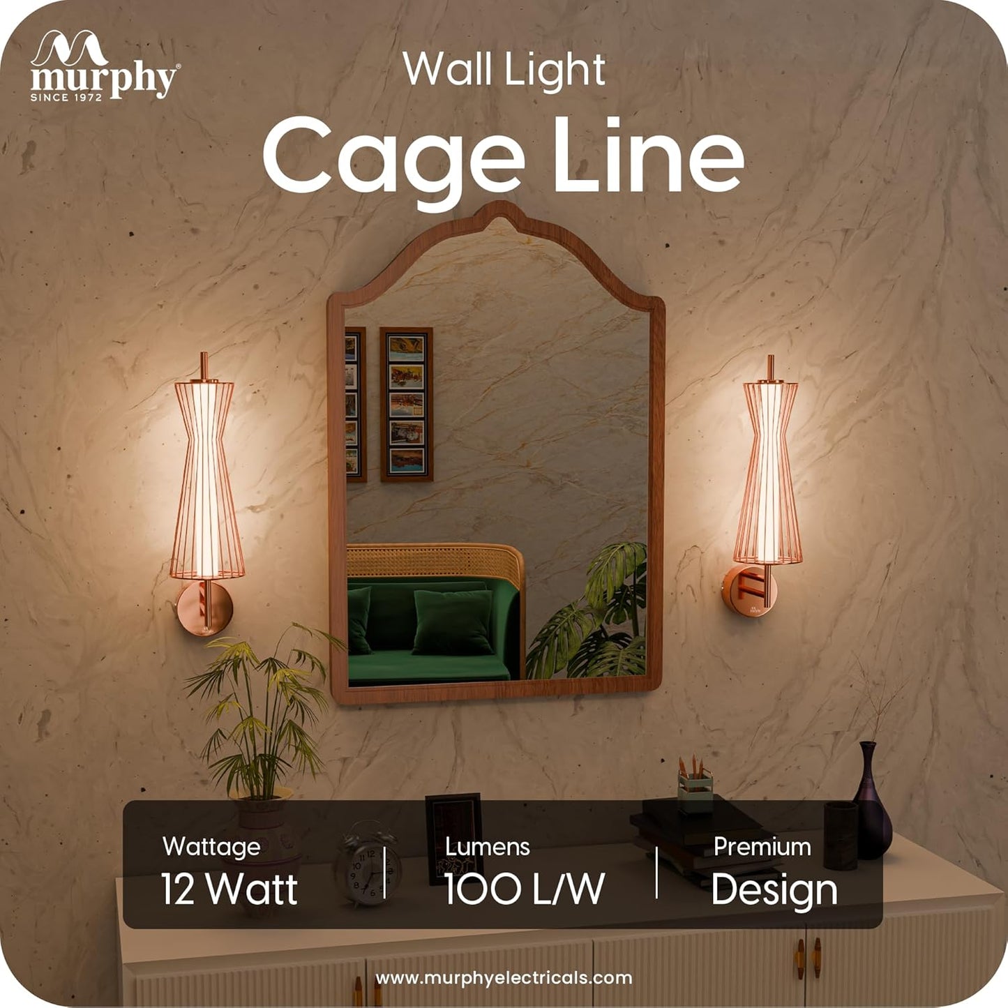 Murphy Cage Line 12W Wall Lamp | 3-in-1 Color Changing LED (Cool White/Warm White/Natural White) with 2-Year Warranty | Premium Rose Gold Finish Decorative Light