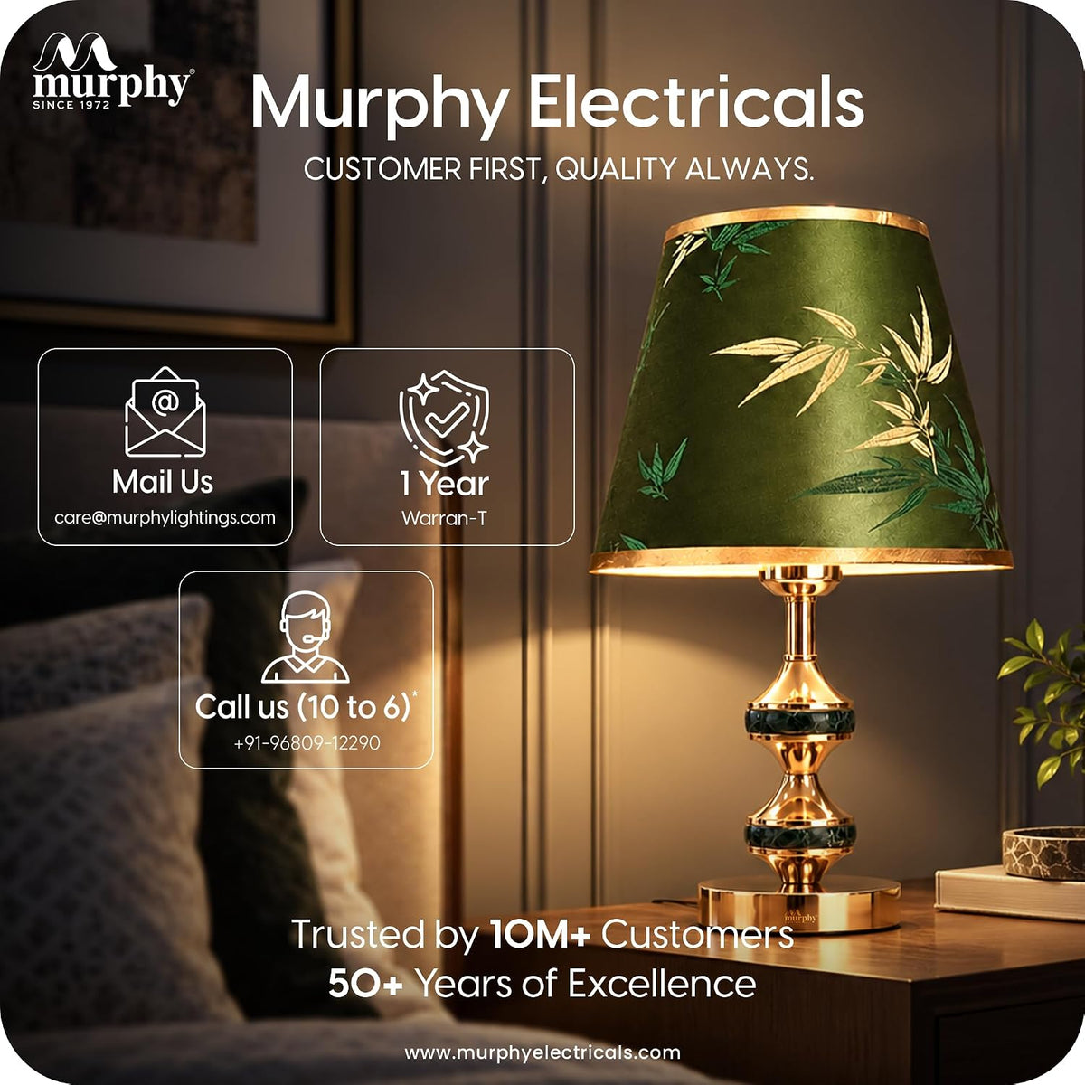 Murphy Monarch Mint 3-in-1 LED Table Lamp with Green Botanical Fabric Shade & Gold Finish | E27 Bulb Included | 1 Year Warranty