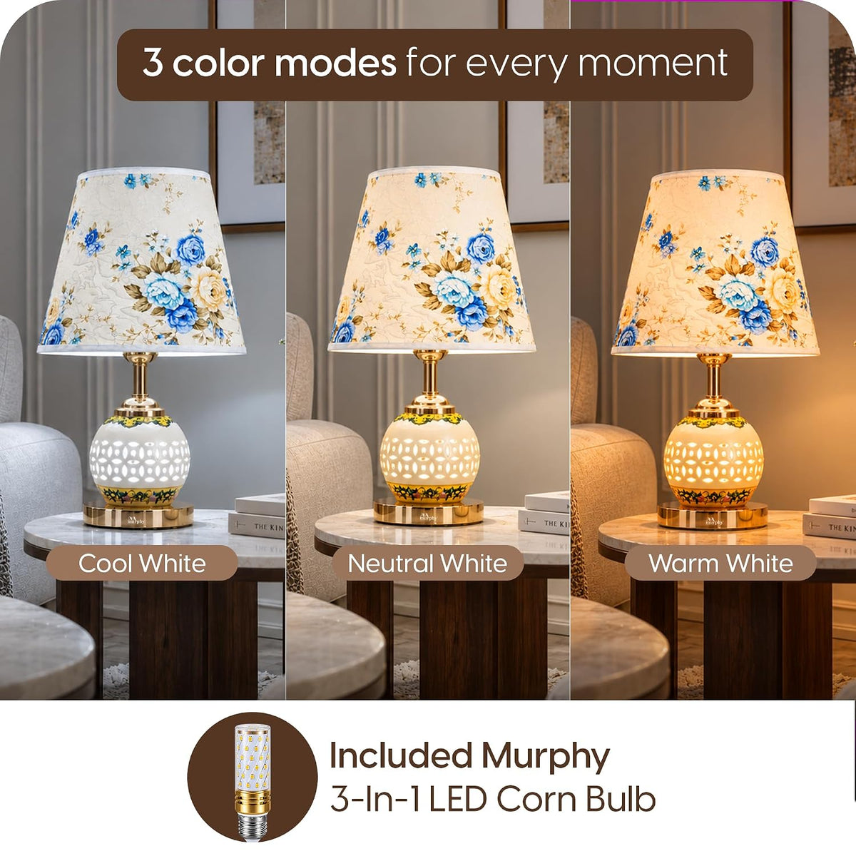 Murphy Flora 3-in-1 LED Table Lamp with Floral Fabric Shade | Decorative Ceramic Body | Elegant Gold Finish | B27 Bulb Included | 1 Year Warranty