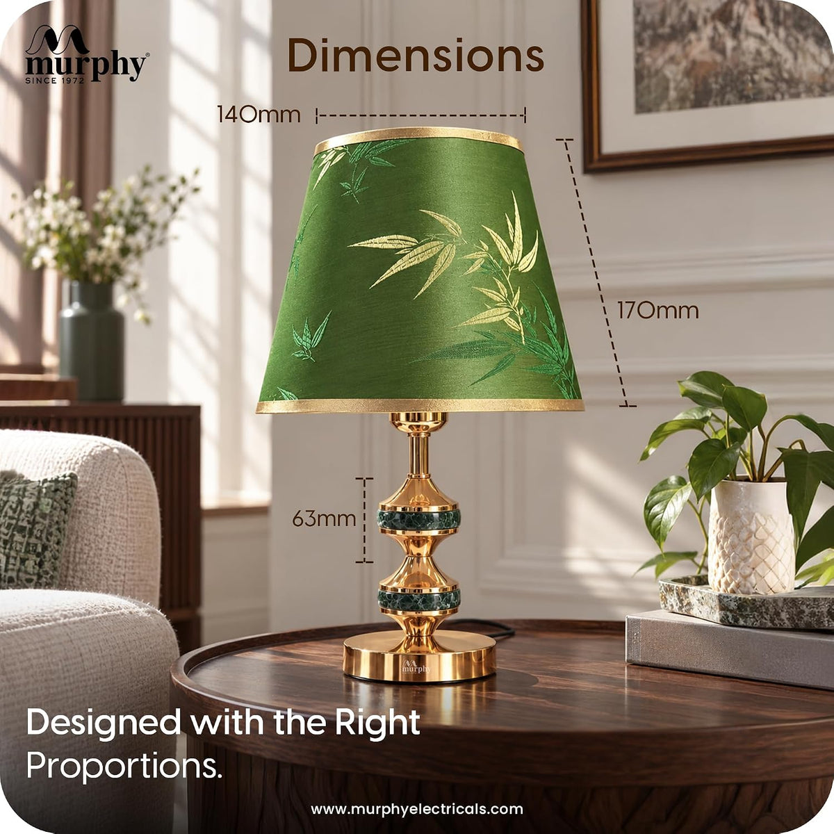 Murphy Monarch Mint 3-in-1 LED Table Lamp with Green Botanical Fabric Shade & Gold Finish | E27 Bulb Included | 1 Year Warranty