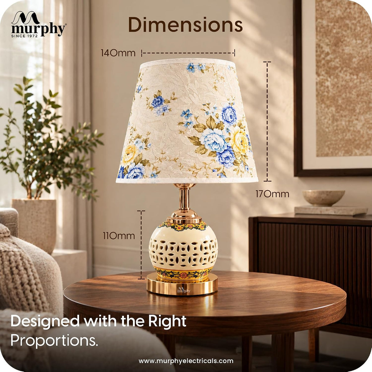 Murphy Flora 3-in-1 LED Table Lamp with Floral Fabric Shade | Decorative Ceramic Body | Elegant Gold Finish | B27 Bulb Included | 1 Year Warranty