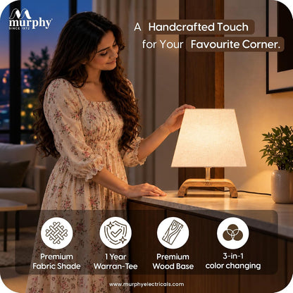 Murphy Jute Pyramid Table Lamp with Mango Wood Base & 3-in-1 LED Bulb | Cream Fabric Shade | Bedroom & Living Room