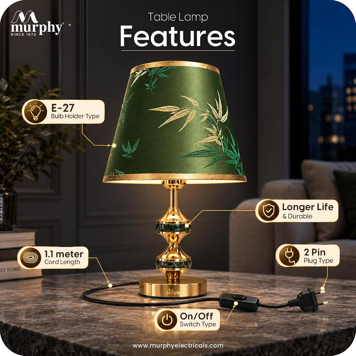 Murphy Monarch Mint 3-in-1 LED Table Lamp with Green Botanical Fabric Shade & Gold Finish | E27 Bulb Included | 1 Year Warranty