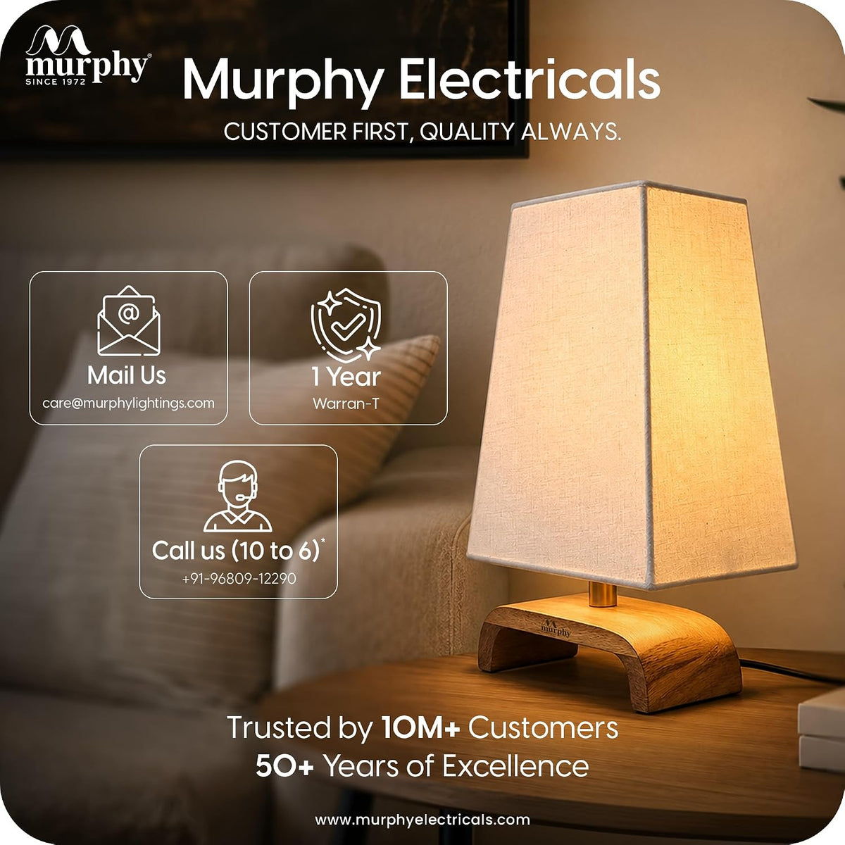 Murphy Jute Pyramid Table Lamp with Mango Wood Base & 3-in-1 LED Bulb | Cream Fabric Shade | Bedroom & Living Room