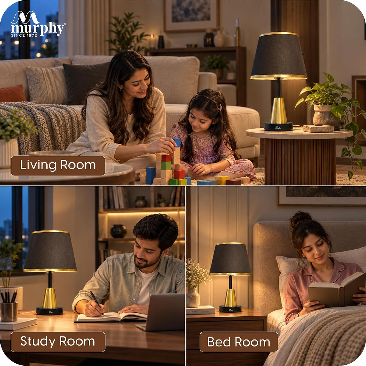 Murphy Conic Gold 3-in-1 LED Table Lamp with Premium Black Fabric Shade | Elegant Gold Finish | E27 Bulb Included | 1 Year Warranty