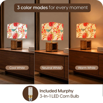 Murphy Bird Drum Cube Table Lamp with Wooden Base & 3-in-1 LED Bulb | Multicolor Floral Fabric Shade | Bedroom & Living Room