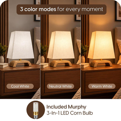 Murphy Jute Pyramid Table Lamp with Mango Wood Base & 3-in-1 LED Bulb | Cream Fabric Shade | Bedroom & Living Room