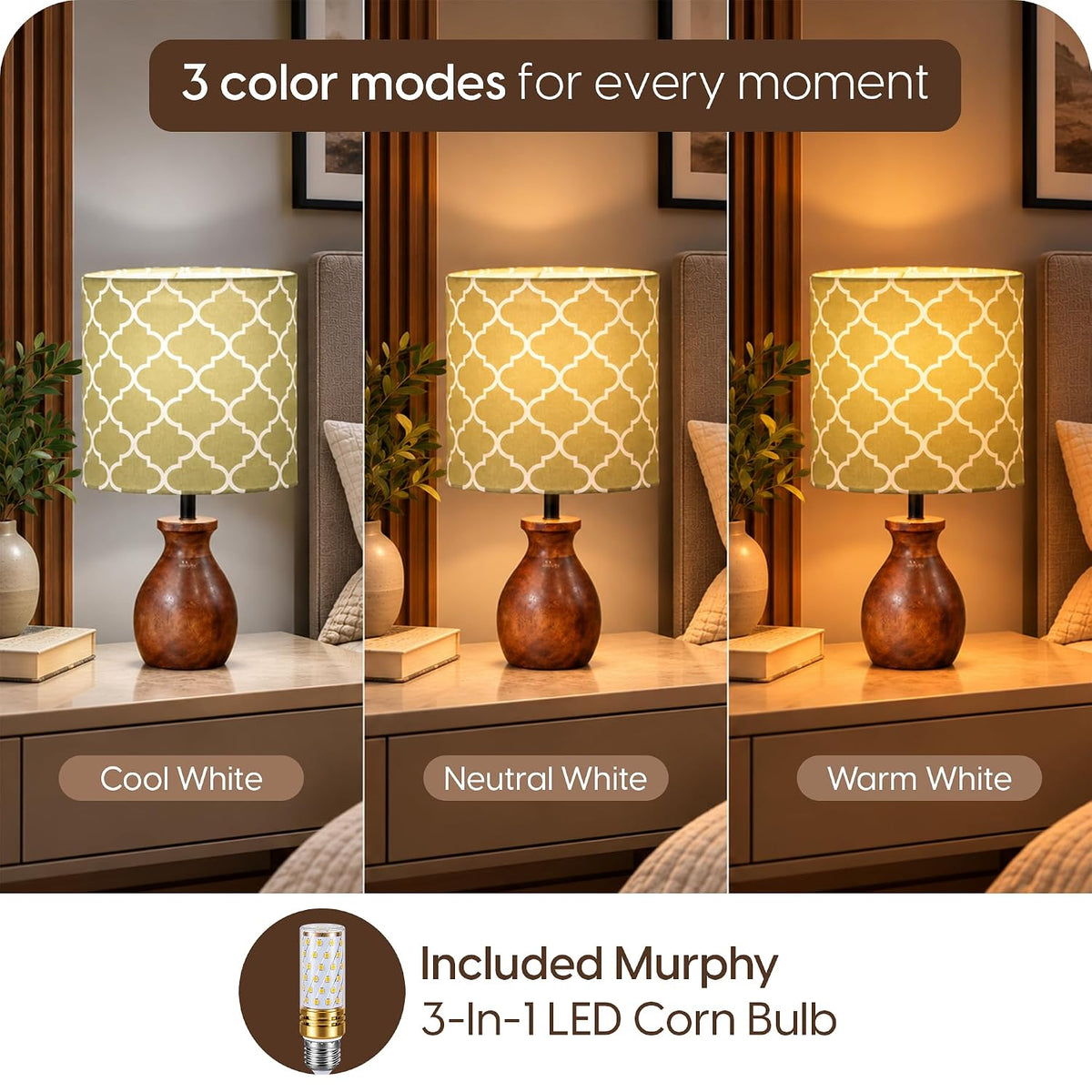 Murphy Moroccan Wooden Pot Table Lamp with 3-in-1 LED Bulb | Printed Fabric Shade | Bedroom & Living Room