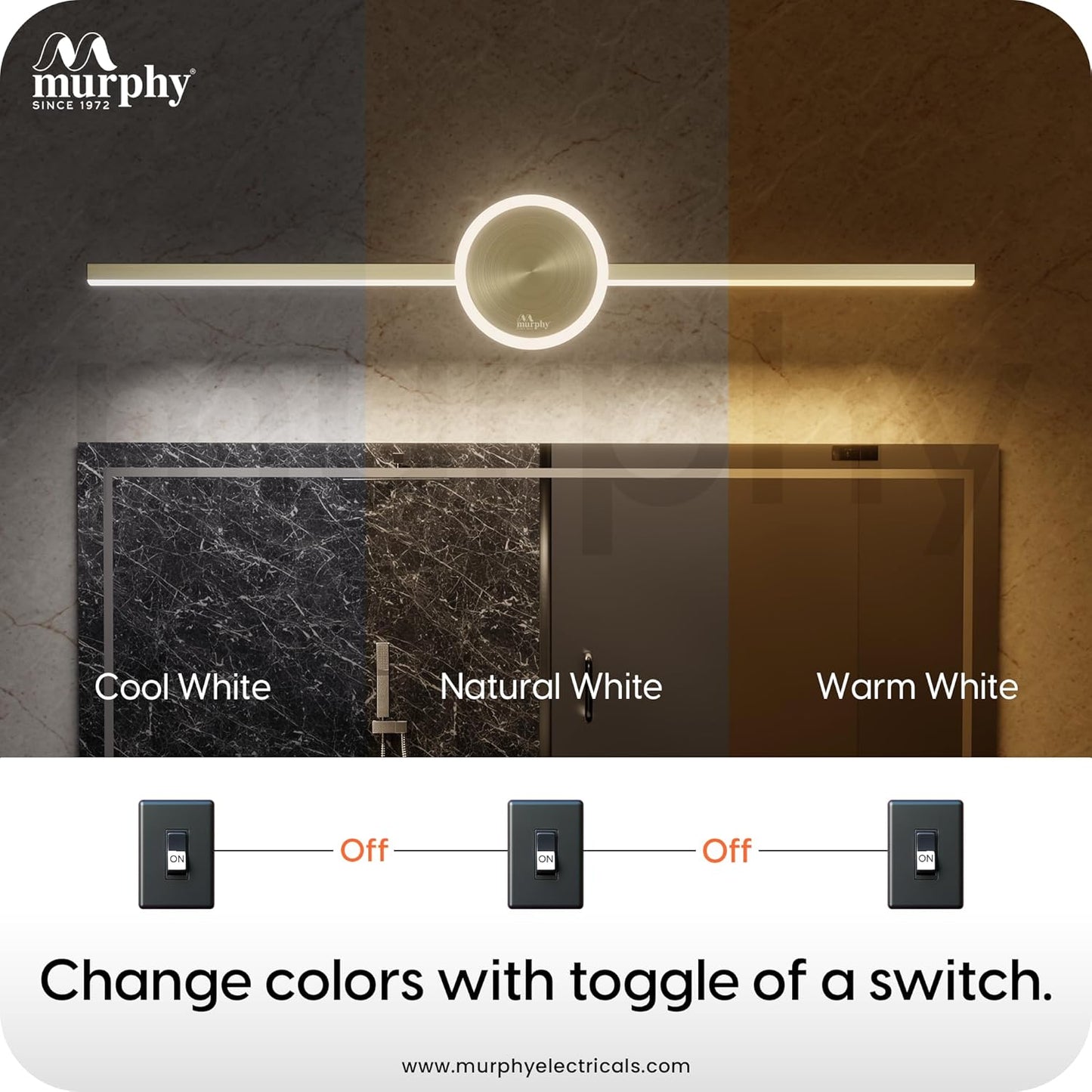 Murphy 16W+2W LED Mirror Light | 3 Color Changing (White/Warm/Natural) | Full Brass Finish – Sun Model, Modern Over Mirror Vanity Light