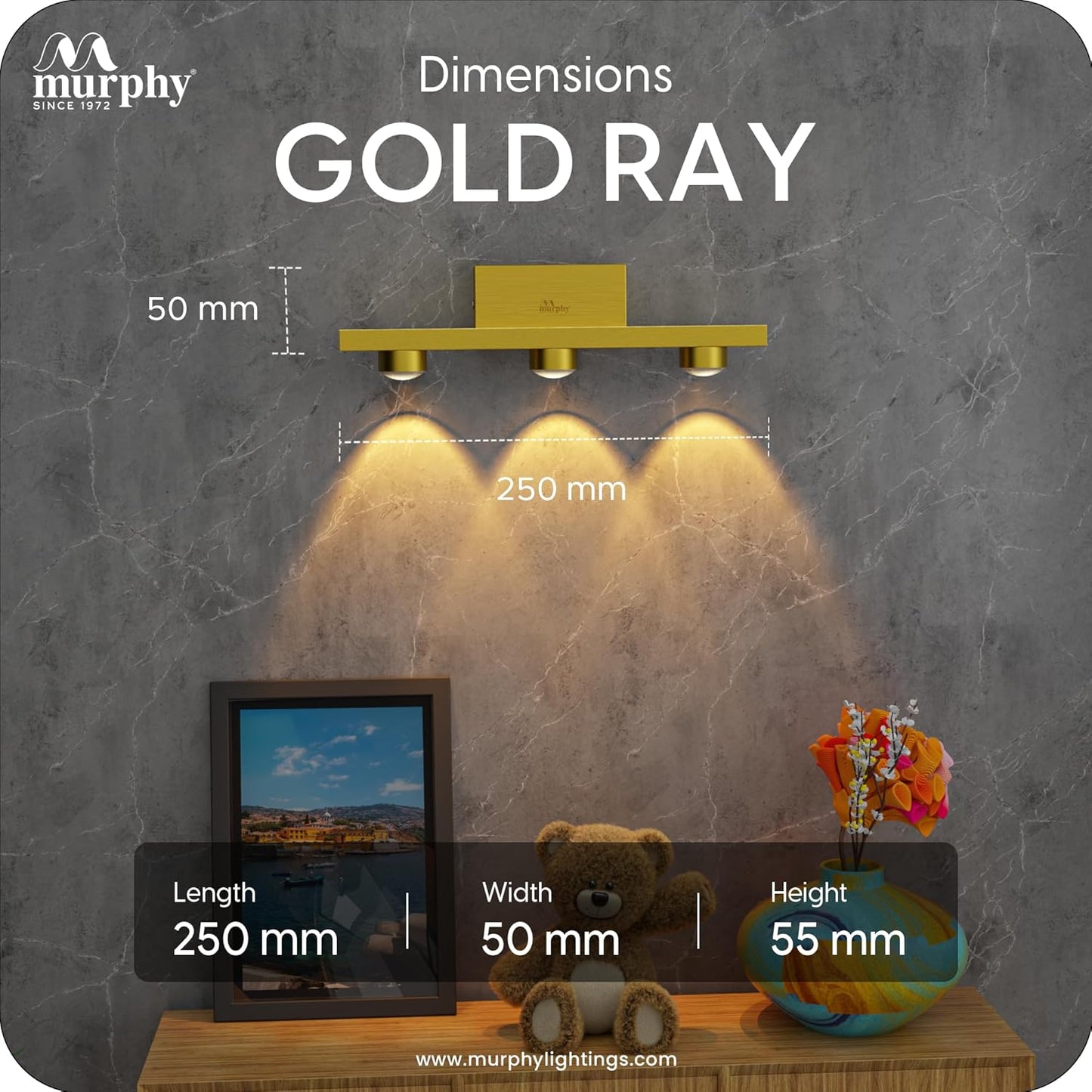 Murphy 3-Glow Goldray|LED Mirror/Vanity Light|- Luxurious Gold Finish|Warm White,