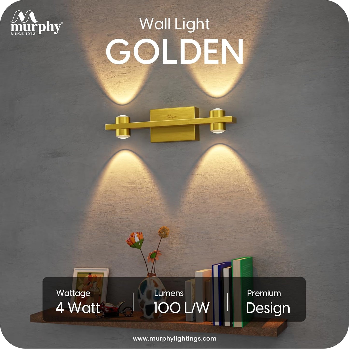 Murphy Astrum LED Wall Light – 2 Beam Up & 2 Beam Down | Warm White | Premium Gold Aluminium Body | Indoor Modern Accent Light for Living Room, Hallway & Balcony