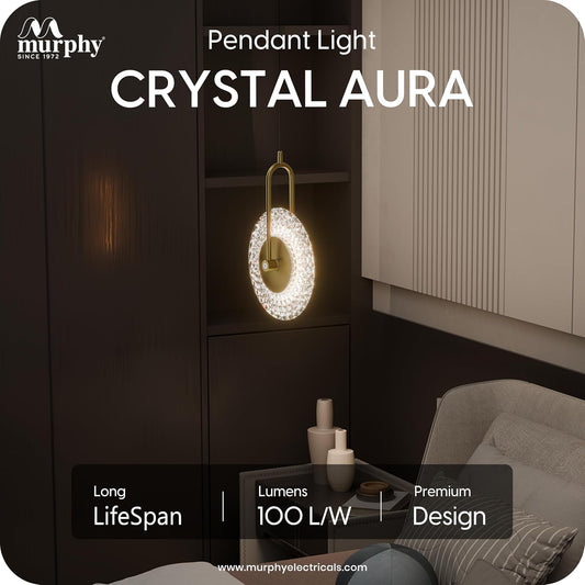 Murphy Crystal Aura 6W LED Pendant Light | 3-in-1 Color Changing (Cool Natural Warm White) | Diamond Glass Hanging Lamp | Adjustable Wire | Gold Finish