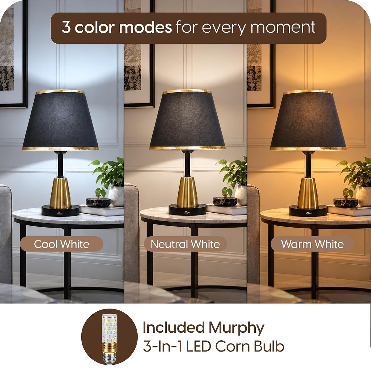 Murphy Conic Gold 3-in-1 LED Table Lamp with Premium Black Fabric Shade | Elegant Gold Finish | E27 Bulb Included | 1 Year Warranty