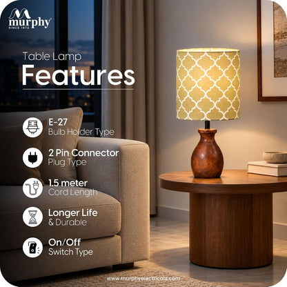 Murphy Moroccan Wooden Pot Table Lamp with 3-in-1 LED Bulb | Printed Fabric Shade | Bedroom & Living Room