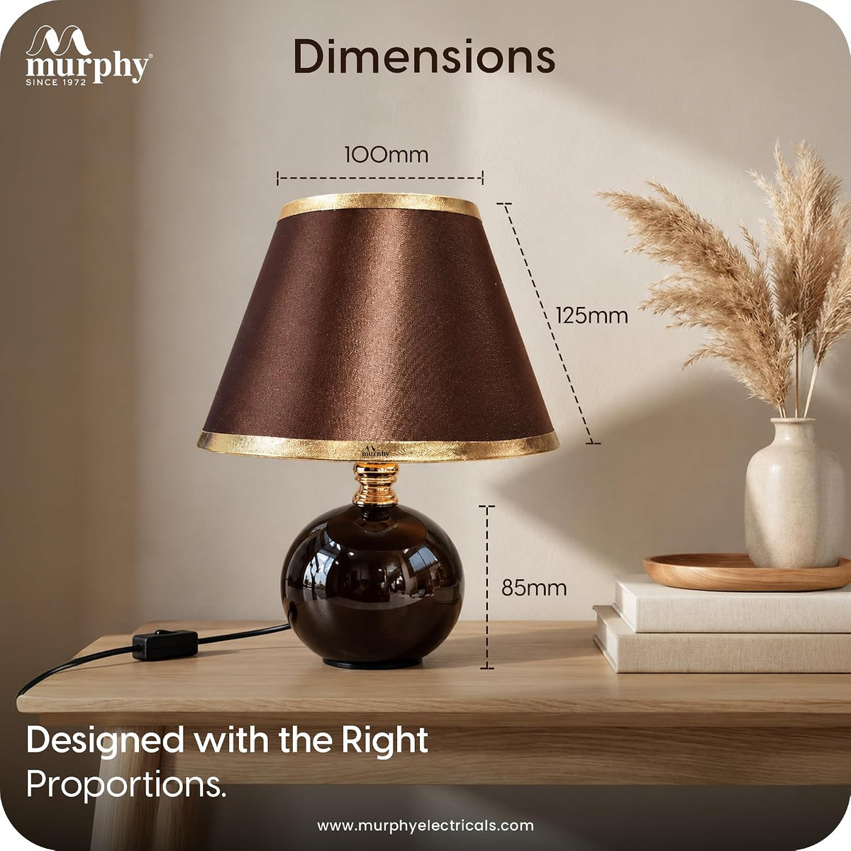 Murphy Noctra 3-in-1 LED Table Lamp with Brown Fabric Shade & Gold Accents | E27 Bulb Included | 1 Year Warranty