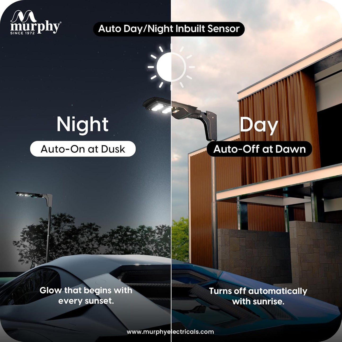 Murphy 30W Solar Street Light Light Output Equivalent to 6W LED  48 SMD LEDs  5Ah Battery  Dusk to Dawn Auto On/Off Motion Sensor IP65 Waterproof Cool White  ABS Body 1 Year Warranty
