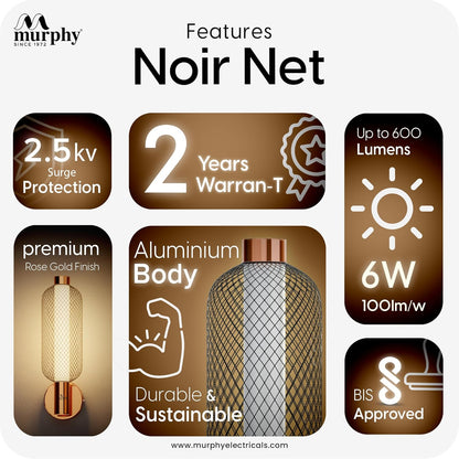 Murphy Noir Net Wall Lamp | 3-in-1 Color Changing LED (Cool White/Warm White/Natural White) with 2-Year Warranty | Premium Rose Gold Finish Decorative Light
