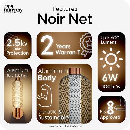 Murphy Noir Net Wall Lamp | 3-in-1 Color Changing LED (Cool White/Warm White/Natural White) with 2-Year Warranty | Premium Rose Gold Finish Decorative Light