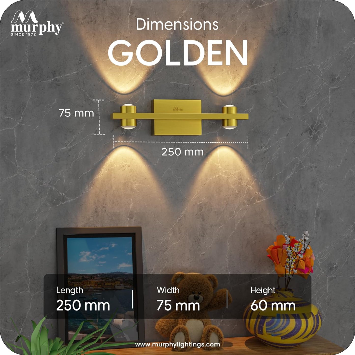 Murphy Astrum LED Wall Light – 2 Beam Up & 2 Beam Down | Warm White | Premium Gold Aluminium Body | Indoor Modern Accent Light for Living Room, Hallway & Balcony