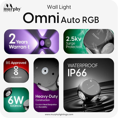 Murphy 6W LED Outdoor Wall Light | 4-Way Omni Beam| with–2-Year Warranty | 7+ Auto-Changing Colours IP66 Waterproof Aluminium Body,