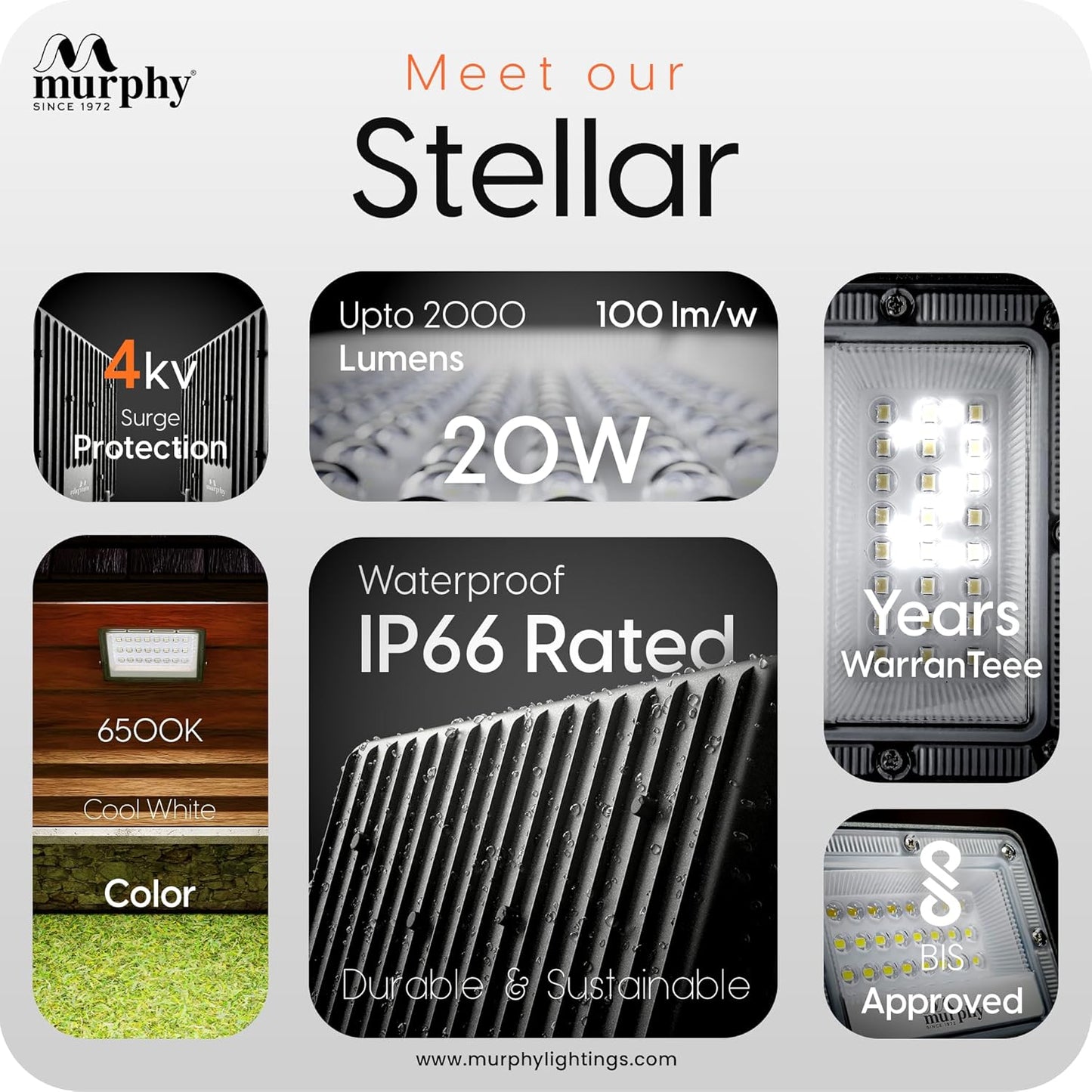 Murphy Stellar 20W LED Flood Light with 2-Year Warranty | Cool White | High Brightness Outdoor LED for Security, Landscape, Warehouse, Backyard | IP66 Waterproof | BIS Approved