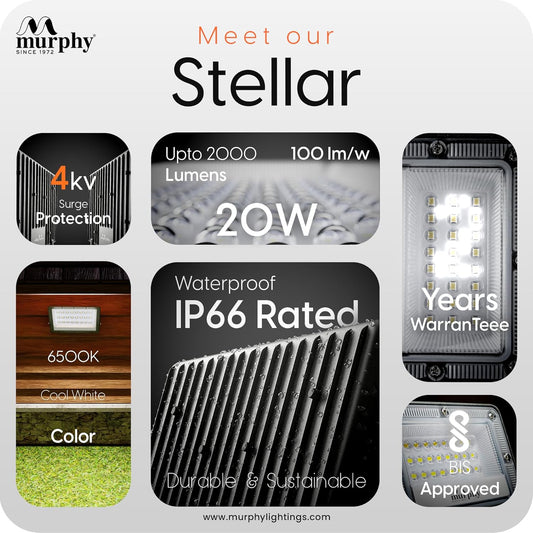 Murphy Stellar 20W LED Flood Light with 2-Year Warranty | Cool White | High Brightness Outdoor LED for Security, Landscape, Warehouse, Backyard | IP66 Waterproof | BIS Approved