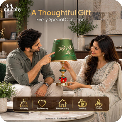 Murphy Monarch Mint 3-in-1 LED Table Lamp with Green Botanical Fabric Shade & Gold Finish | E27 Bulb Included | 1 Year Warranty