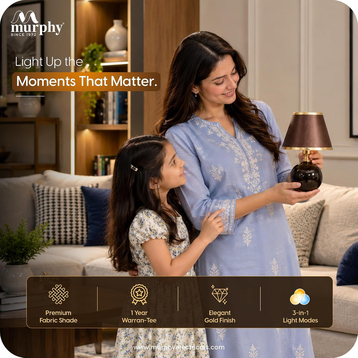 Murphy Noctra 3-in-1 LED Table Lamp with Brown Fabric Shade & Gold Accents | E27 Bulb Included | 1 Year Warranty