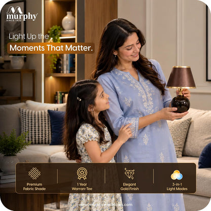 Murphy Noctra 3-in-1 LED Table Lamp with Brown Fabric Shade & Gold Accents | E27 Bulb Included | 1 Year Warranty
