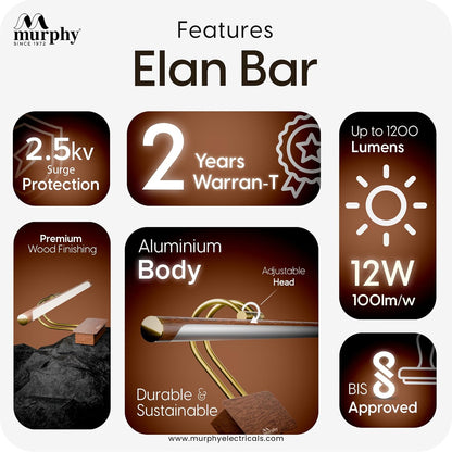 Murphy ElanBar 12W LED Mirror Light | 3-in-1 Color Changing | Adjustable 3-Step Baring | Wood Finish | Wall Mounted Vanity Light for Bathroom & Dressing Table