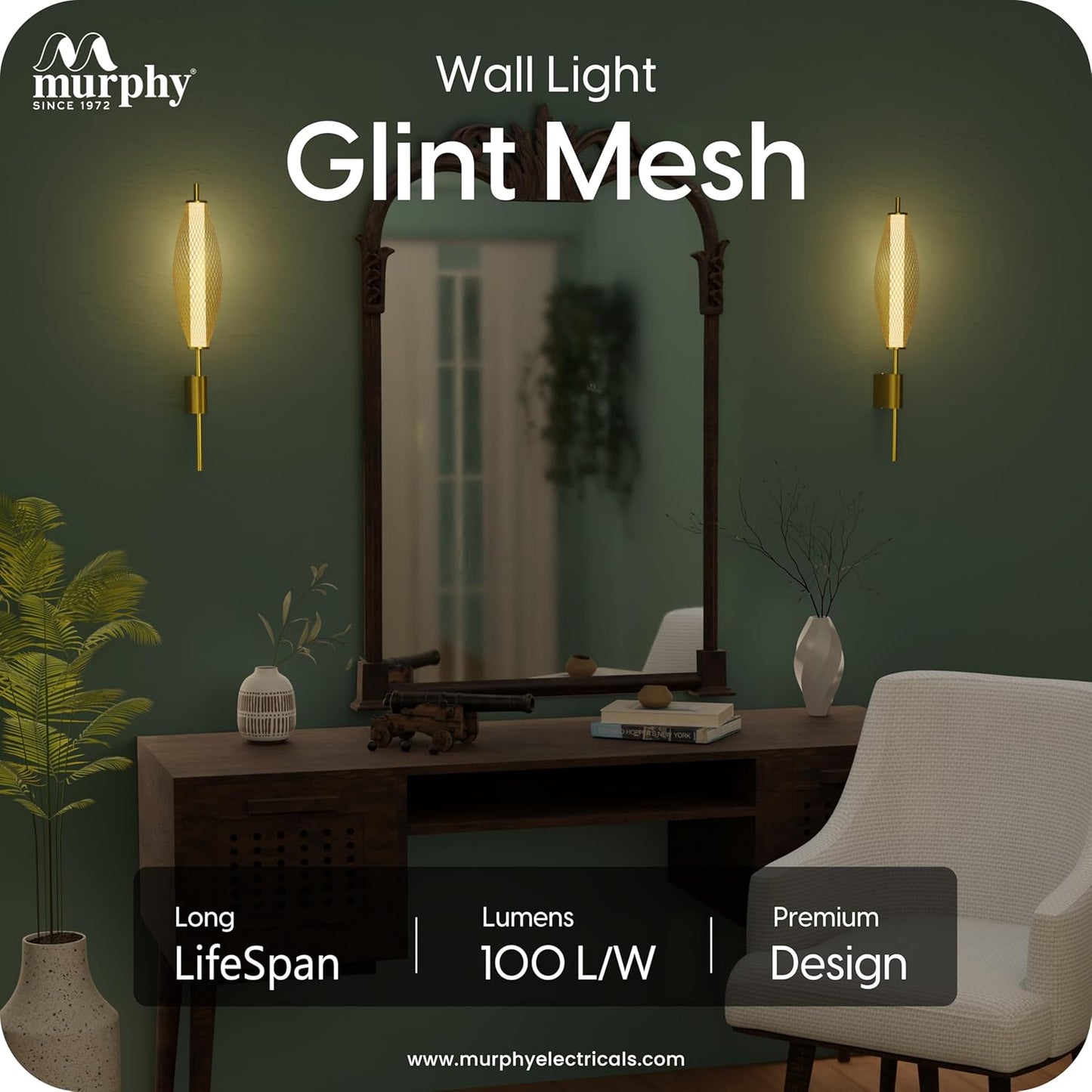Murphy Glint Mesh 12W Wall Light |Aluminium Body |Golden Finish | 3-in-1 Color Changing LED (Cool White/Warm White/Natural White)