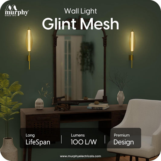 Murphy Glint Mesh 12W Wall Light |Aluminium Body |Golden Finish | 3-in-1 Color Changing LED (Cool White/Warm White/Natural White)
