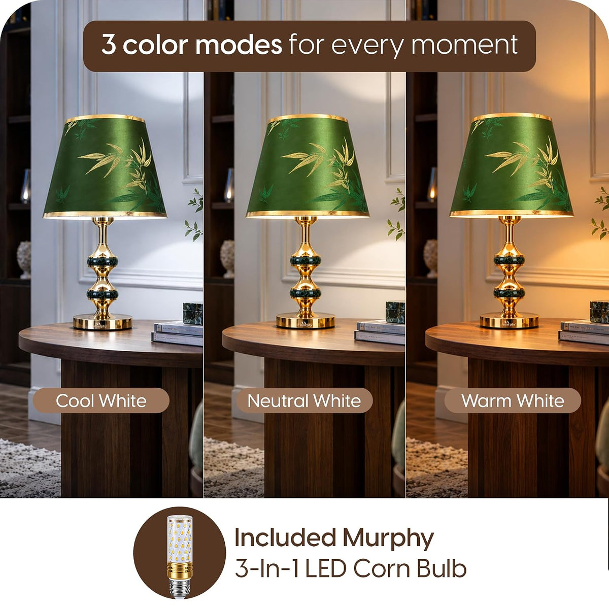 Murphy Monarch Mint 3-in-1 LED Table Lamp with Green Botanical Fabric Shade & Gold Finish | E27 Bulb Included | 1 Year Warranty
