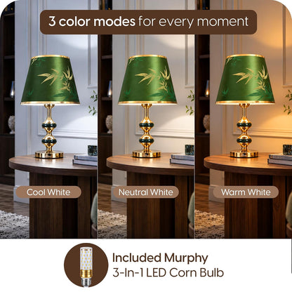 Murphy Monarch Mint 3-in-1 LED Table Lamp with Green Botanical Fabric Shade & Gold Finish | E27 Bulb Included | 1 Year Warranty