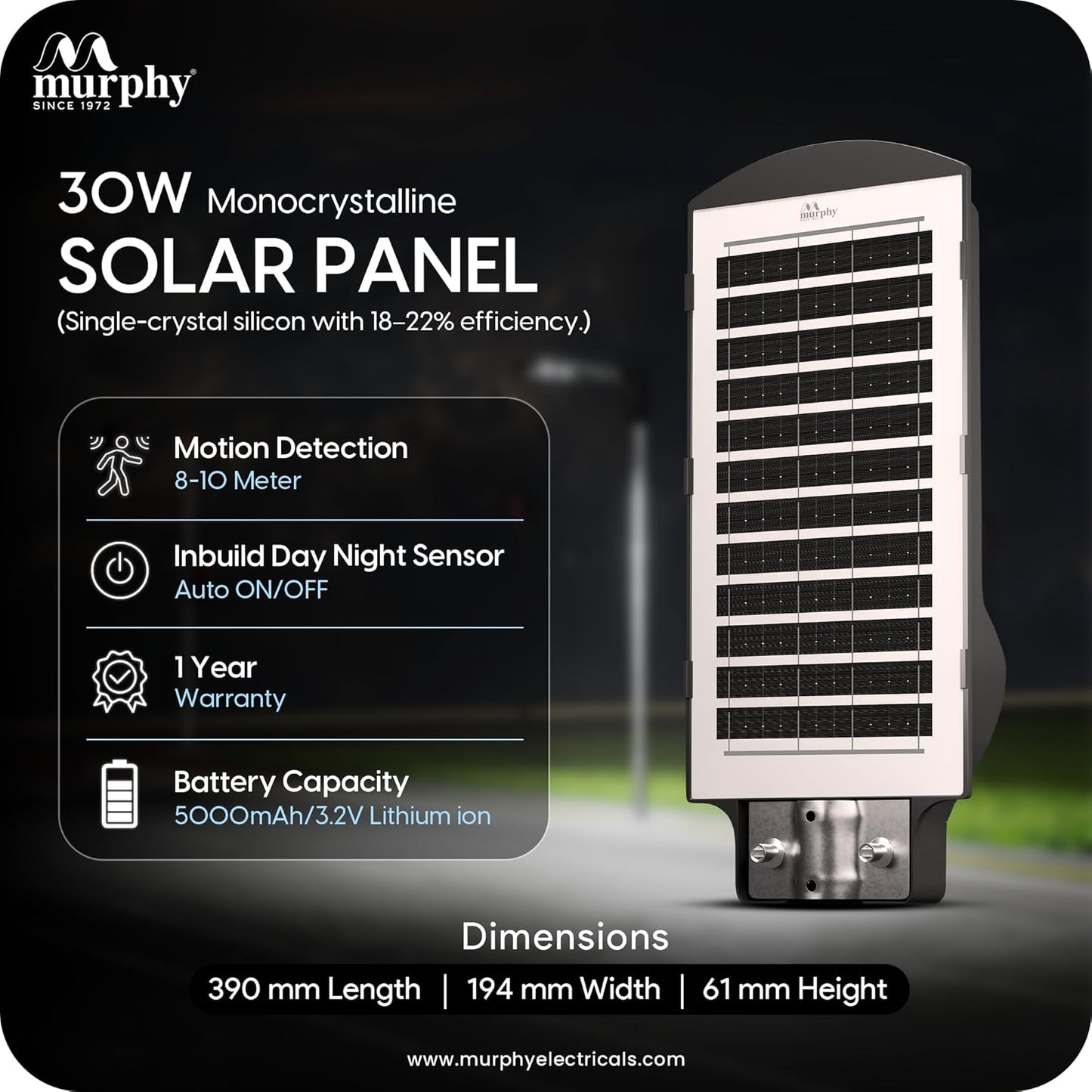 Murphy 30W Solar Street Light Light Output Equivalent to 6W LED  48 SMD LEDs  5Ah Battery  Dusk to Dawn Auto On/Off Motion Sensor IP65 Waterproof Cool White  ABS Body 1 Year Warranty