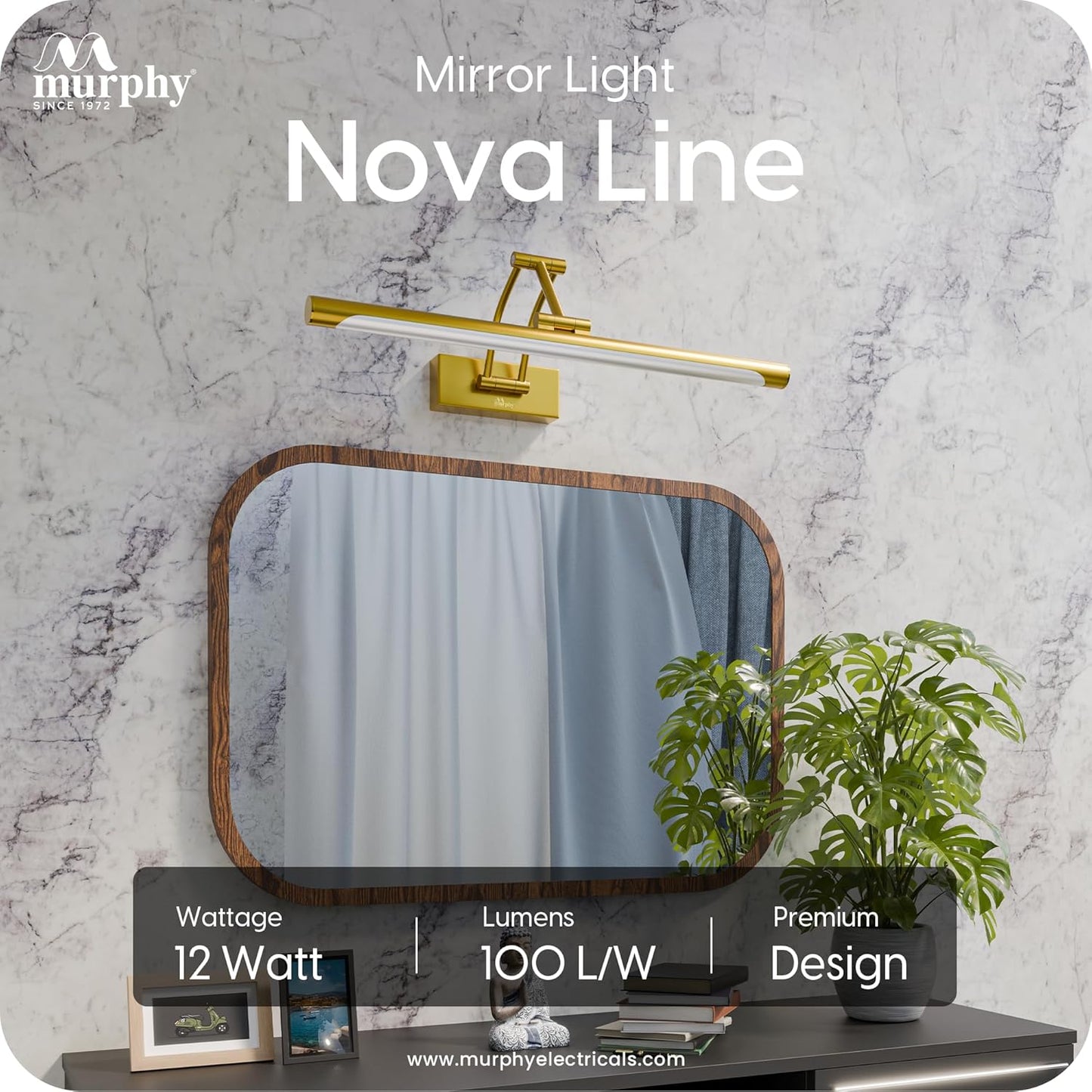 Murphy NovaLine 12W Golden Mirror Light | 3-in-1 Color Changing | Aluminium Body | Wall Mount Vanity Light for Bathroom & Dressing Table