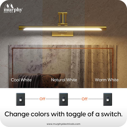 Murphy NovaLine 12W Golden Mirror Light | 3-in-1 Color Changing | Aluminium Body | Wall Mount Vanity Light for Bathroom & Dressing Table
