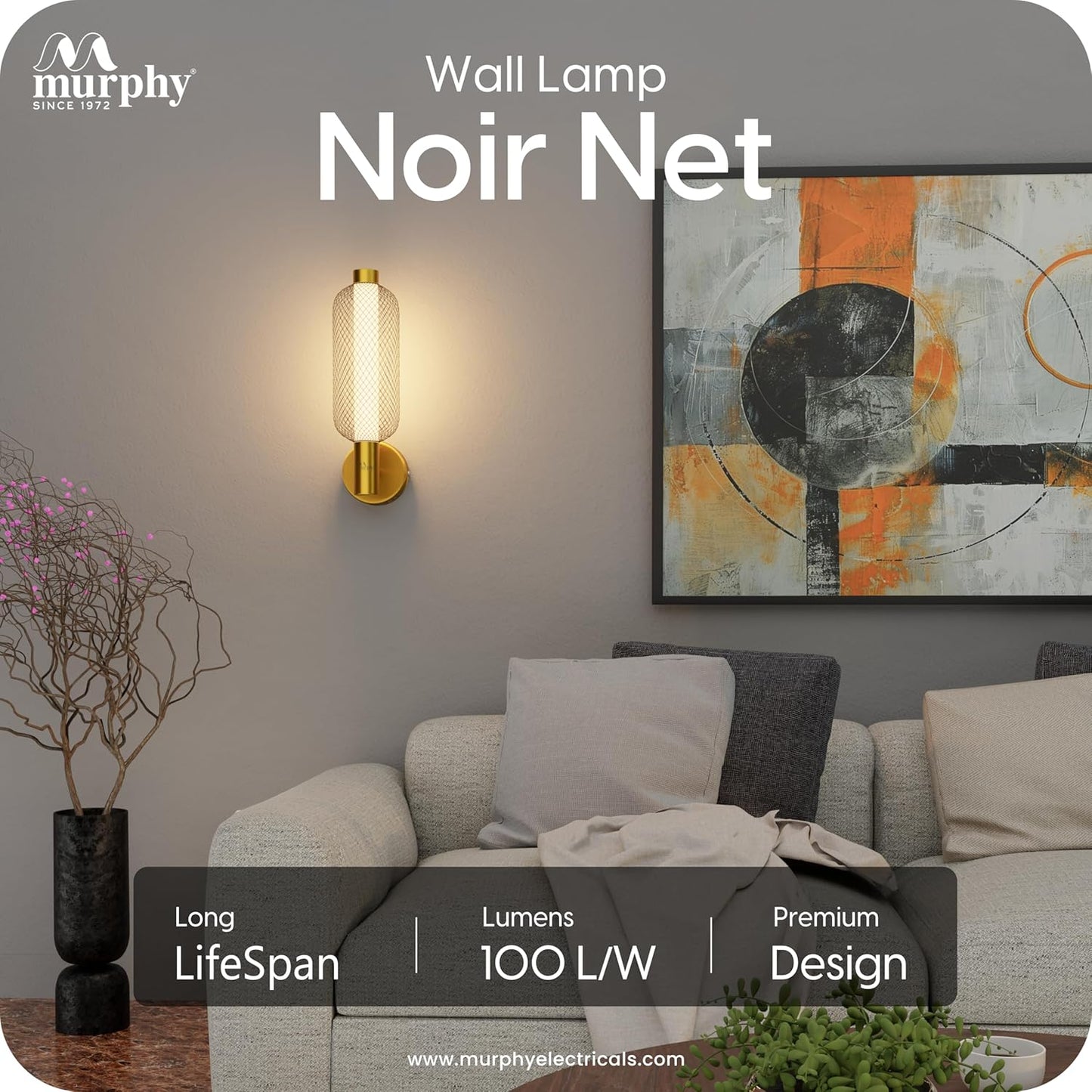 Murphy Noir Net Wall Lamp | 3-in-1 Color Changing LED (Cool White/Warm White/Natural White) with 2-Year Warranty | Premium Golden Finish Decorative Light