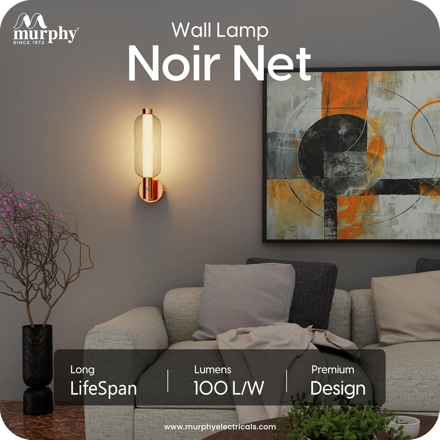 Murphy Noir Net Wall Lamp | 3-in-1 Color Changing LED (Cool White/Warm White/Natural White) with 2-Year Warranty | Premium Rose Gold Finish Decorative Light