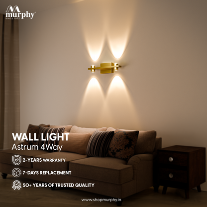 Murphy Astrum LED Wall Light – 2 Beam Up & 2 Beam Down | Warm White | Premium Gold Aluminium Body | Indoor Modern Accent Light for Living Room, Hallway & Balcony