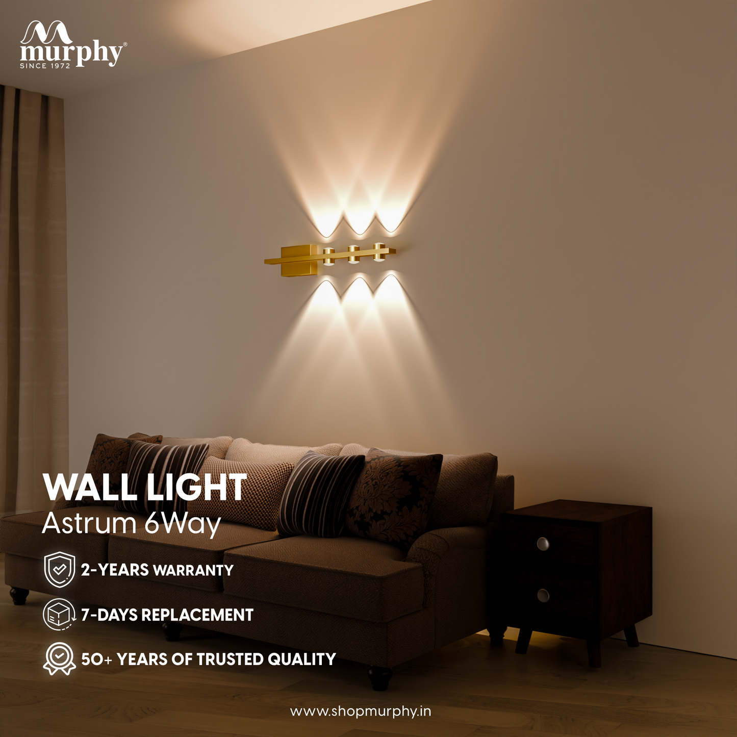 Murphy LED Stylish Up/Down Wall Light – Warm White, Rustproof Aluminum Body (3 Up & 3 Down, Gold Finish) (with 2 Years Warranty)